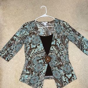Brown, blue, tan, and white blouse